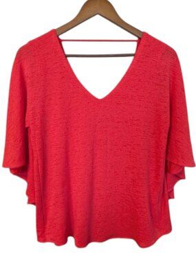 Cartise Textured Top Blouse Coral Red Cape Sleeve Overlay V-Neck NWOT